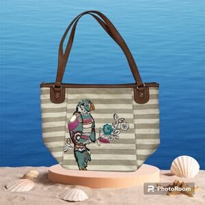 Relic Striped Canvas & Faux Leather Tote Bag With Parrot & Rhinestones *READ*